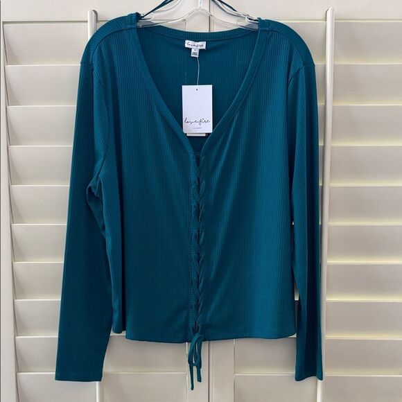 love, Fire Tops - love, Fire Teal V-Neck Long Sleeve Top